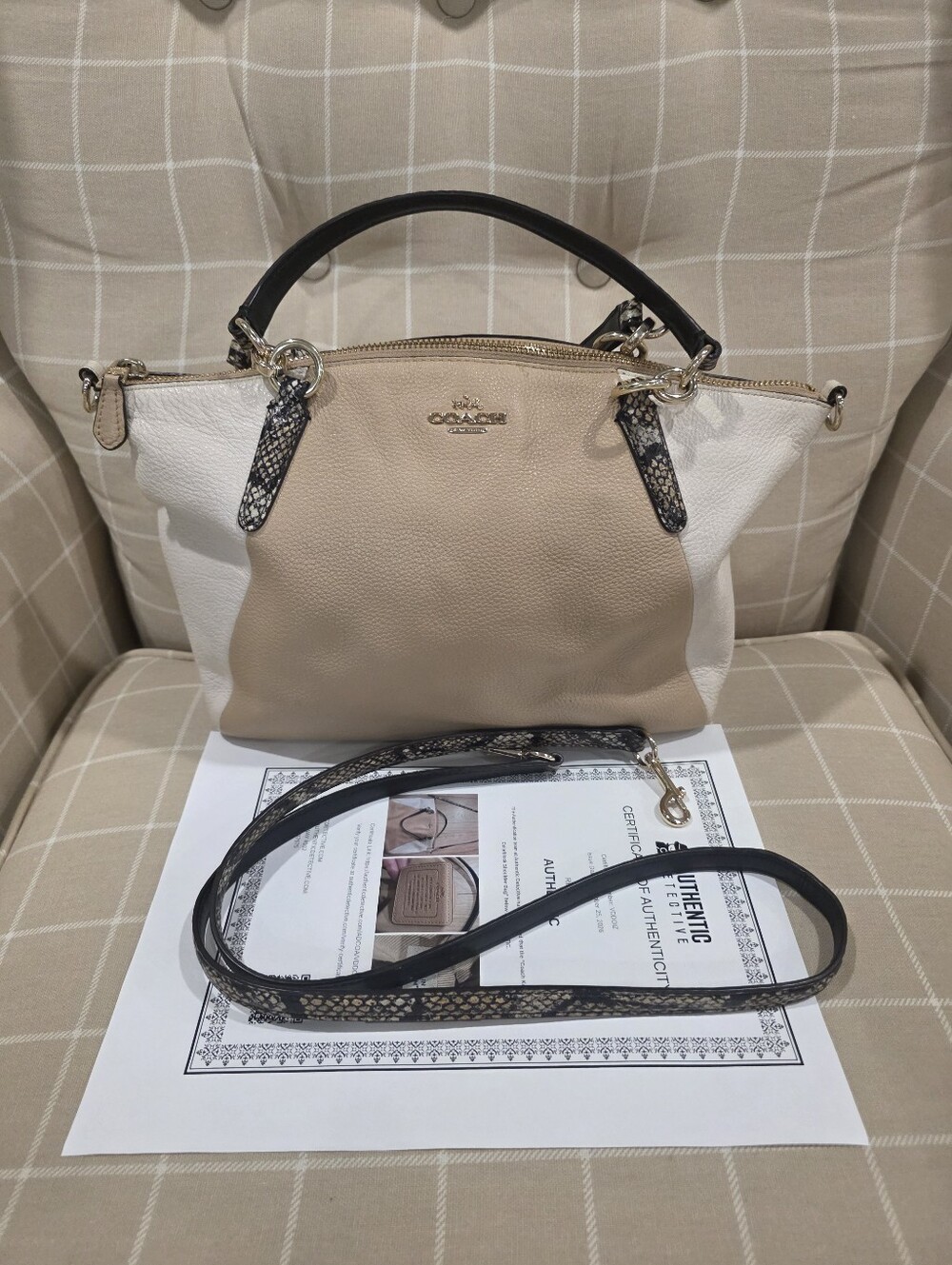 Coach Kelsey Satchel in Two-Tone Tan and White- Embossed Leather Trim-snake